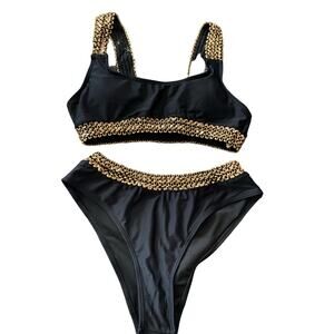 Egyptian Style 2 PCHi Waist Bikini Swim  Size Large Black Gold Sequin Trim New